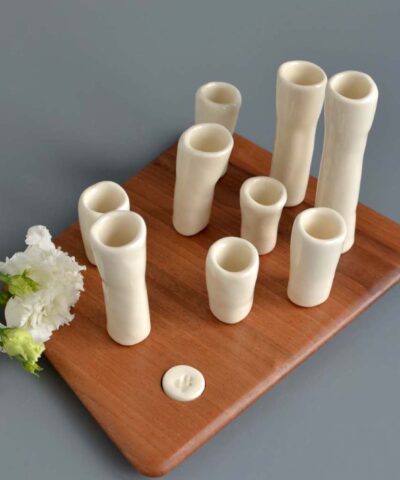walnut wood and porcelain candle holder